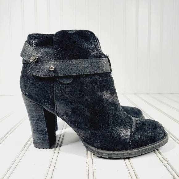 Crown Vintage Black Faux Suede Zip Up Block High Heel Ankle Booties K627 - Picture 5 of 13